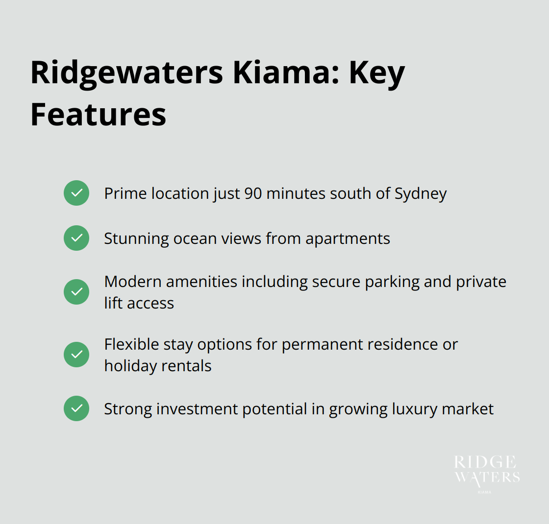 Checkmark list of Ridgewaters Kiama's key features including prime location, ocean views, modern amenities, flexible stay options, and investment potential