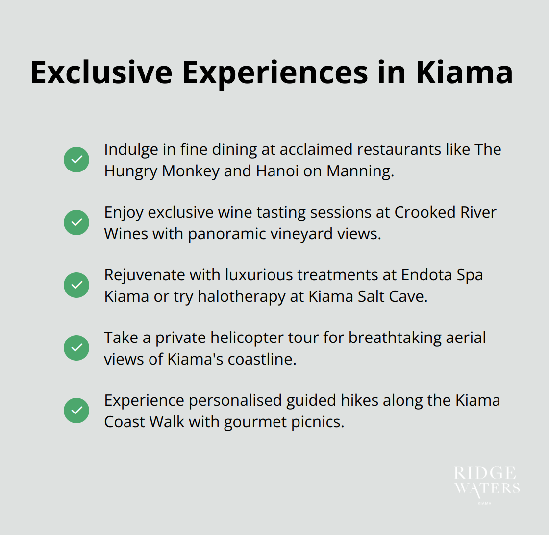 A checkmark list chart displaying various exclusive experiences available in Kiama, including gourmet dining, wellness activities, and private tours. - luxury accommodation in kiama