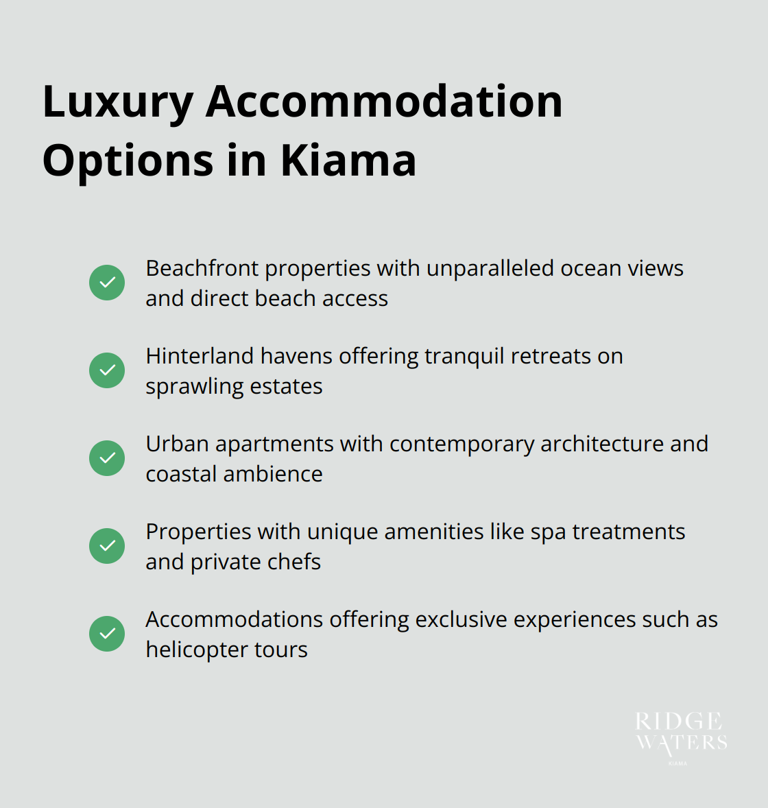 A checkmark list chart showcasing various luxury accommodation options available in Kiama, including beachfront properties, hinterland havens, and urban apartments. - luxury accommodation in kiama