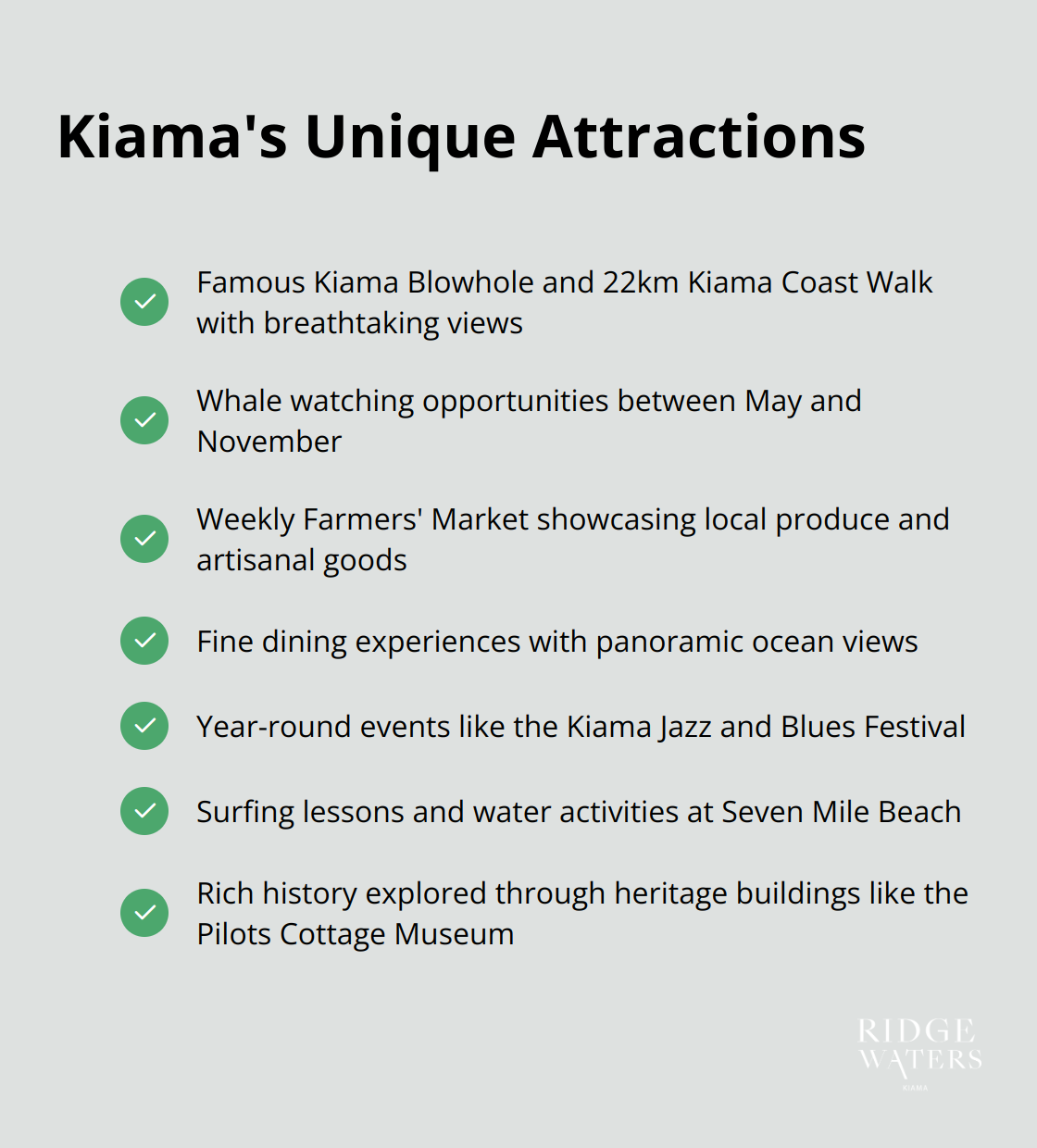 Checkmark list of Kiama's unique attractions including natural wonders, culinary experiences, and cultural activities - luxury accommodation in kiama