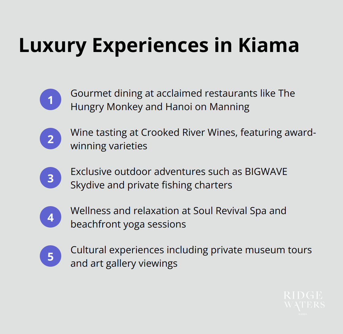 Ordered list of luxury experiences available in Kiama, including gourmet dining, wine tasting, exclusive outdoor adventures, wellness activities, and cultural experiences - luxury accommodation in kiama