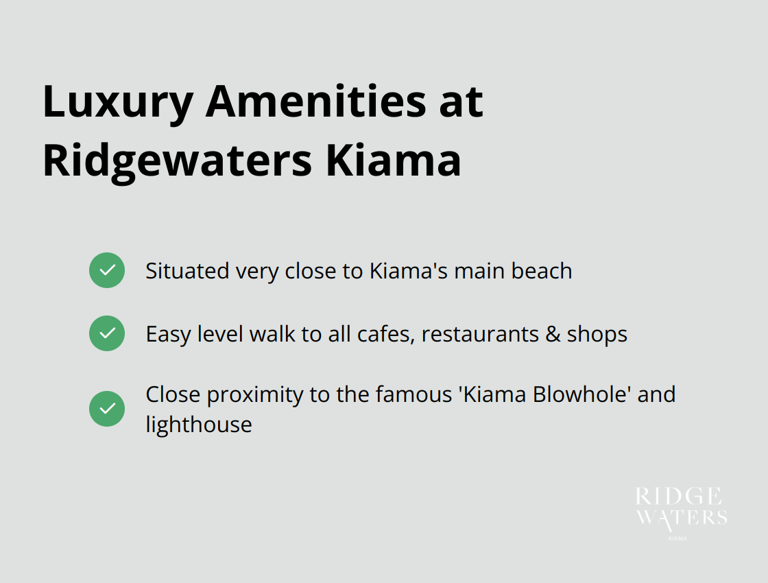 A checklist of luxury amenities at Ridgewaters Kiama: close to main beach, easy walk to cafes and shops, and proximity to Kiama Blowhole and lighthouse - luxury accommodation kiama nsw