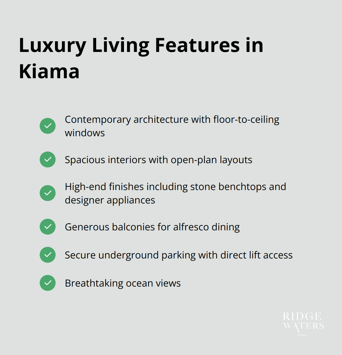 Checkmark list of luxury features in Kiama accommodations