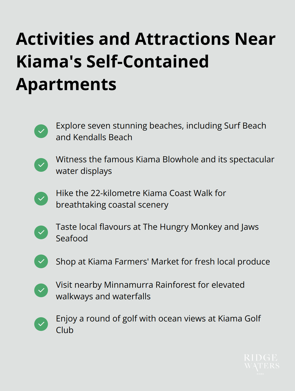 Checkmark list chart highlighting seven key activities and attractions near Kiama's self-contained apartments - self-contained apartments kiama