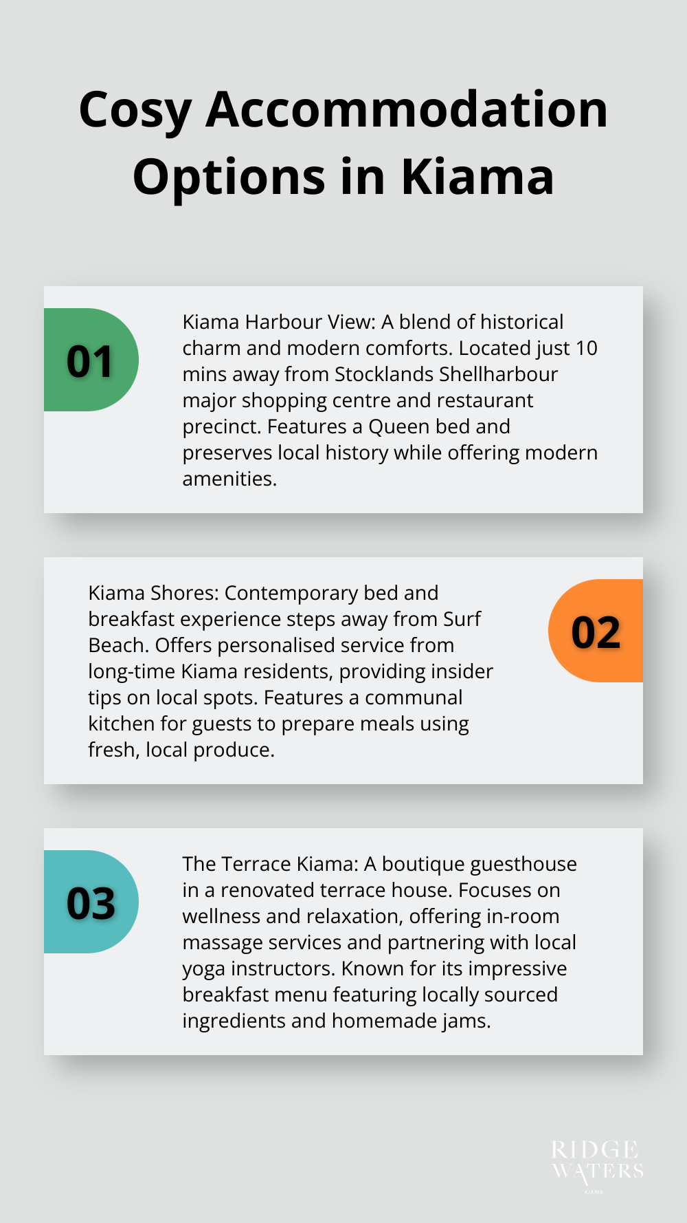Ordered list chart displaying three cosy accommodation options in Kiama: Kiama Harbour View, Kiama Shores, and The Terrace Kiama - where to stay in kiama nsw