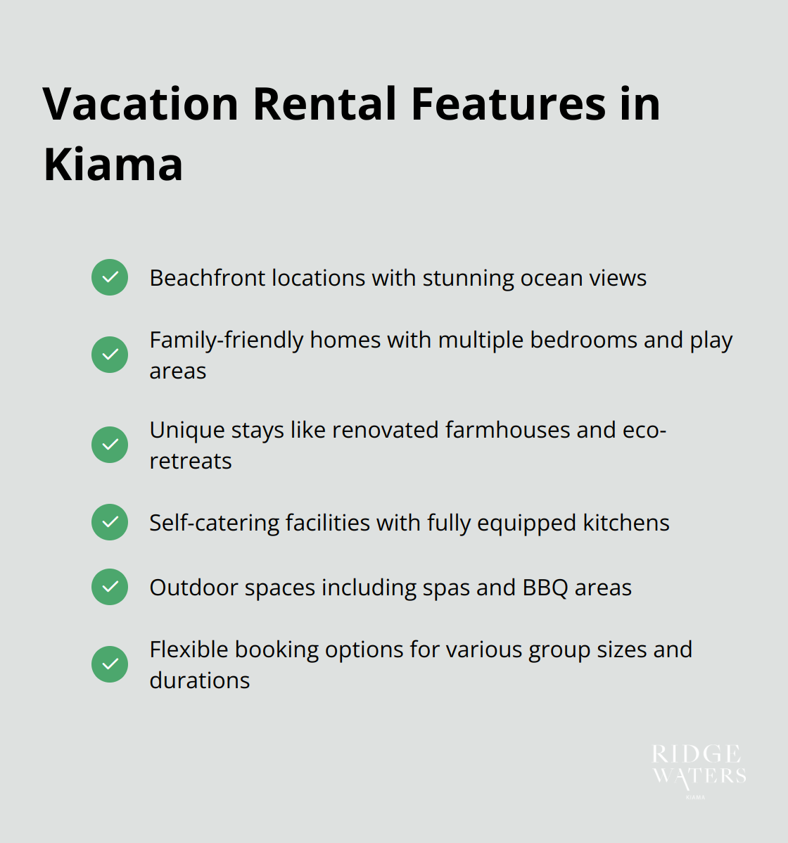 A checkmark list chart showing six key features of vacation rentals and holiday homes in Kiama, including beachfront locations, family-friendly amenities, unique stays, self-catering facilities, outdoor spaces, and flexible booking options. - where to stay kiama